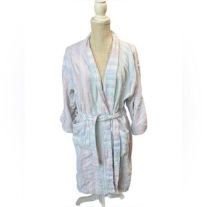Amanda Stewart vintage pastel striped fluffy thick terry cloth bath robe w tie M